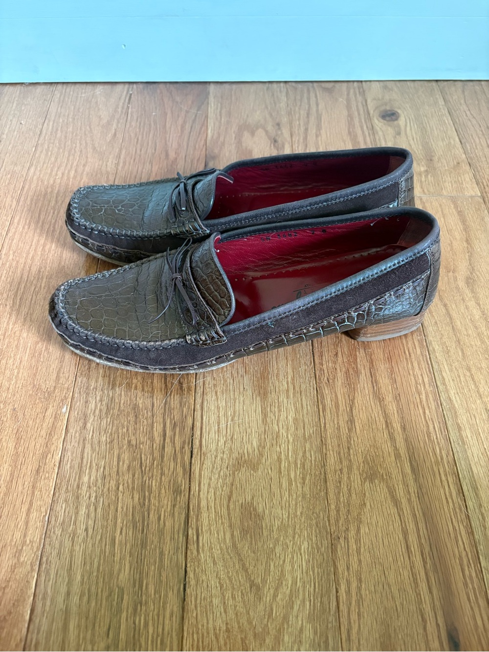 Salvatore Ferragamo Brown Croc-Embossed Leather Loafers with Red Lining